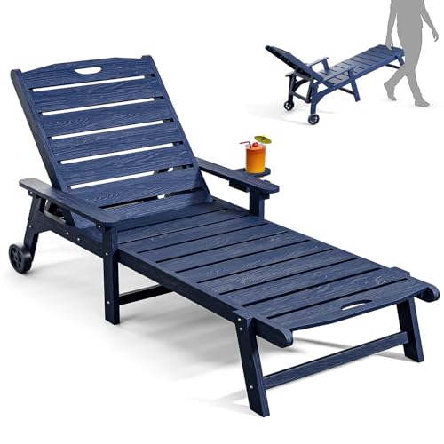 Outdoor Lounge Chair with 5-Position Adjustable, Outside Lounge Chair with Cup Holder, Wheels for Easy Mobility, HDPE Tanning Chair for Poolside, Patio, Blue - color: Blue, size: 1pc