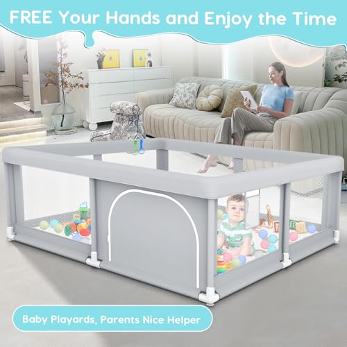 Fshibila 50" ×50" Baby Playpen with Mat, Baby Playard for Babies and Toddlers, Play Pens for Indoor & Outdoor, Sturdy Safety Play Yard with Soft Breathable Mesh, Anti-Fall, Ball x 18, Handle x 2, Grey - color: Grey, size: 50 × 50 Inch + Mat&handle&ball