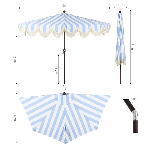 JONATHAN Y Half Umbrella UMB1201C Beverly 9 ft. Designer Classic Scalloped Fringe Market Patio with Crank, Push Button Tilt and UV Protection in Light Blue/White - color: Light Blue/White