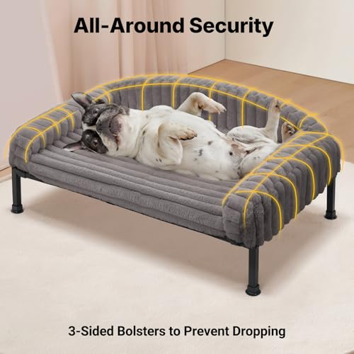 Veehoo Elevated Dog Bed with Bolster Cushion, Fluffy Plush Dog Couch Beds for Small Dogs, Cats, Washable Raised Pet Cot with Non-Slip Feet for Indoor or Patios Use, 30 x 20 Inches, Grey - color: Grey, size: 30.0"L x 20.0"W x 8.3"Th