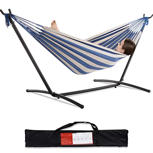 PNAEUT Double Hammocks with Stand for Outside, Portable Space Saving Heavy-Duty Steel Stand for Indoor Outdoor Patio with Carrying Bag, 450 lbs Capacity (Sky) - color: Sky