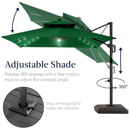Best Choice Products 9x12ft LED Cantilever Patio Umbrella w/Base Included & 360° Rotation, Large Solar Offset Hanging Outdoor Sun Shade for Deck, Backyard Table w/Stand & Lights – Green - color: Green, size: 9x12ft