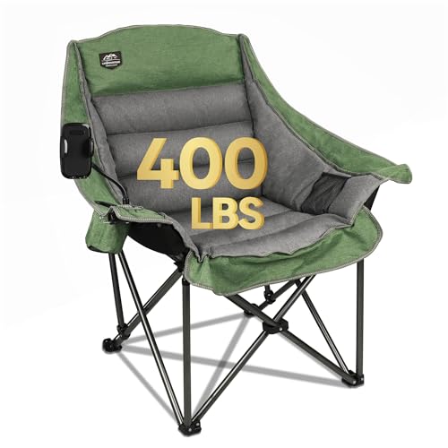 Oversized XL Folding Camping Chair,Heavy Duty Support 400Lbs,Large Comfy Padded Camp Chair for Adults,Lawn Arm Chair w/Cup Holder,Phone Holder,Carry Bag Perfect for Outdoor (Green) - color: Light Green