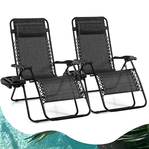 Goplus Zero Gravity Lounge Chairs, 160°Adjustable Folding Recliner w/Pillow and Cup Holder, 350LBS Comfy Outdoor Lounge Chairs for Patio, Lawn, Yard & Camp(Set of 2, Gray) - color: Grey, size: 35.4" x 25.2" x 43.3" (Set of 2)