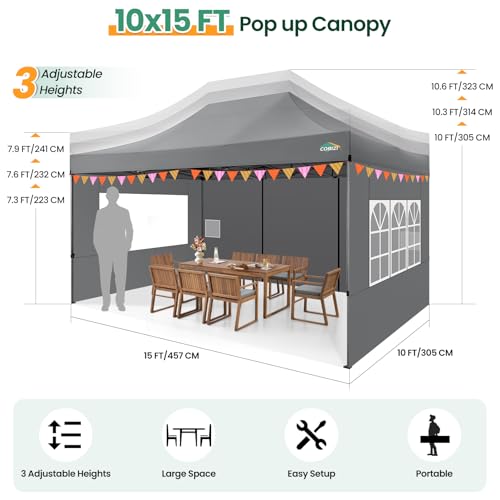 COBIZI 10x15 FT Heavy Duty Pop up Canopy with 4 Removable Sidewalls, Easy up Gazebo High Stability, All Weather Sunshade 100% Waterproof Outdoor Canopy Tents with Carry Bag, Gray - color: Gray, size: 10x15 with 4 sidewalls