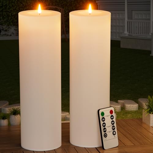 BUTHY 14" x 4" Large Outdoor Candles with Timer Waterproof Flickering LED Flameless Candles Battery Operated with Remote Fake Pillar Candles Realistic for Patio Porch Lanterns, White 2 Pack - color: White, size: 14in-2Pack