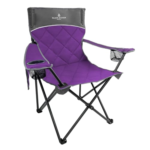 Black Sierra Quilted Padded Camping Chair, Oversized Heavy Duty Outdoor Lounge Seat Supports 300 lbs, Portable, Folding with Cup Holder for Beach, Tailgating, Sports, Patio - color: Purple