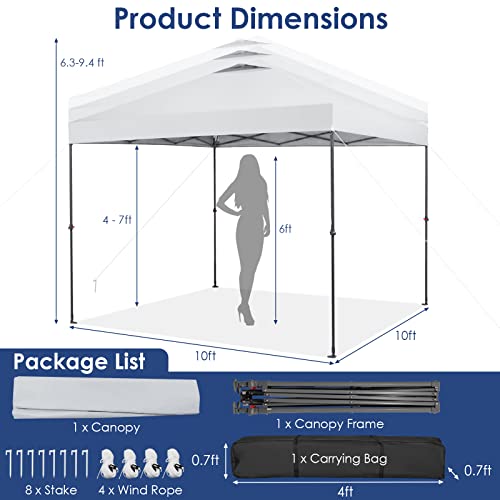 Tangkula 10x10 Ft Pop Up Canopy, Easy Set-up Instant Tent with Center Lock, Carry Bag, Rotatable Feet, 8 Stakes, 4 Ropes, Outdoor Canopy Tent for Beach, Camp, Patio, Market (White) - color: White, size: 10x10FT