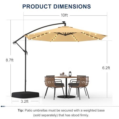 10FT 40-LED Solar Lighted Patio Umbrella with Base Included, Outdoor Offset Cantilever Umbrella, Infinite Tilt, UV Protection for Backyard, Lawn, Garden & Pool - color: Beige, size: 10FT 40LED w/Base (Offset Umbrella)