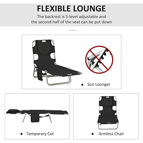 Outsunny Chaise Lounge Chair Outdoor with Face Arm Hole, 5-Position Reclining Face Down Tanning Chair with Carry Strap, Side Pocket, Portable Folding Bed Cot for Patio Beach Pool, Black - color: Black, size: 1 Piece
