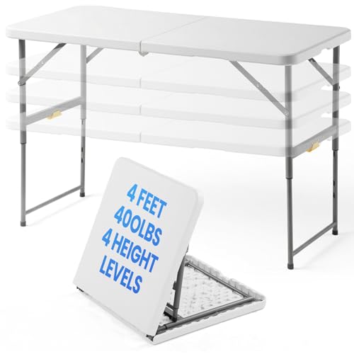 4 Foot Foldable Table with Built in Handle & Steel Legs, 4FT Portable Adjustable Height Heavy Duty Small Card Folding Table for Parties, Dining, Events, Picnic, Indoor & Outdoor, Camping, Utility