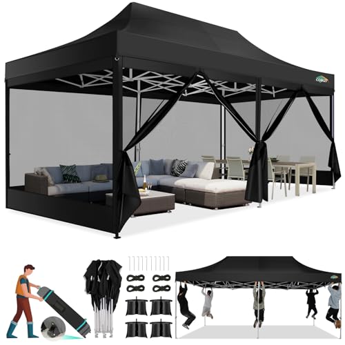 COBIZI 10x20 Canopy Tent, Heavy Duty Pop up Canopy with Sidewalls, Waterproof Easy Setup Canopy with Mosquito Netting, Outdoor Instant Screen Tents for Parties, Wedding with Roller Bag, Black - color: Black, size: 10x20FT