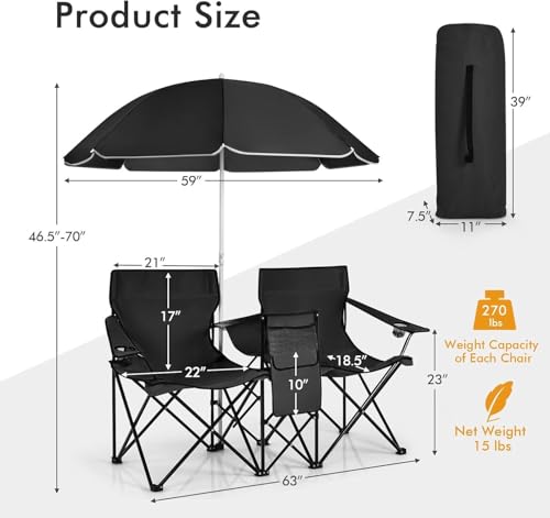 COSTWAY Double Portable Picnic Chairs, Folding Camping Chairs w/Detachable Umbrella, Cooler Bag, Cup Holders, Patio Beach Camping Chairs for Outdoors - color: Black
