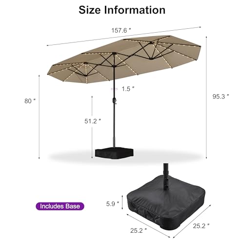 PURPLE LEAF 13ft Patio Market Umbrella with Solar LED and Base Double-Sided Rectangle Outdoor Table Sun Umbrellas with Crank for Pool Beach Deck Backyard Khaki - color: Beige, size: 13' X 7' with Lights