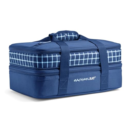 Rachael Ray Expandable Insulated Casserole Carrier for Hot or Cold Food, Thermal Lasagna Lugger Tote for Potluck, Parties, Picnic, and Cookouts, Fits 9" x 13" Baking Dish - color: Blue Gingham