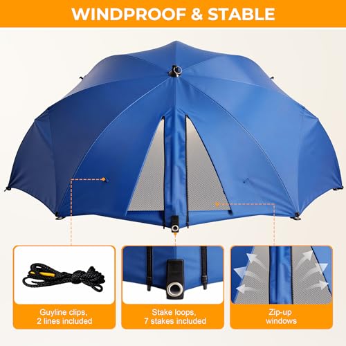 HOMEDEMO Beach Umbrella Tent (9.5ft, Blue) with Fan Canopy, 3-in-1 Umbrella Shade for Beach, Picnic, Bleacher, Sports Games - style: Blue