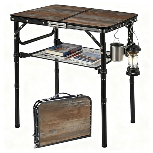 Folding Picnic Table 2ft Portable Camping Table Adjustable Heights Metal Aluminum Lightweight Foldable Small Outdoor Card Table with Carry Handle for Outside Indoor Camp Cooking BBQ Beach - color: Wood Grain