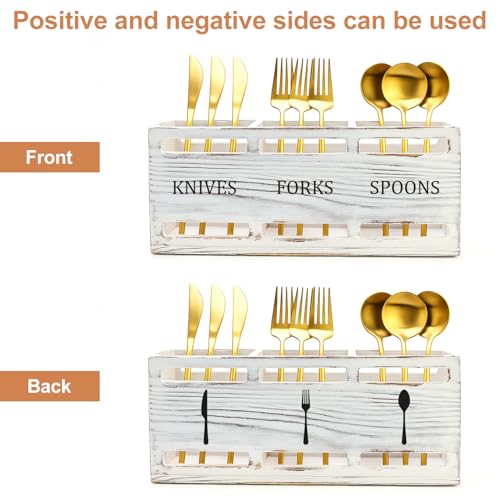 Farmhouse Wooden Utensil Caddy Party Cutlery Silverware Holder Small Wood Utensil Holder for Kitchen Counter Decor Flatware Cutlery Organizer Table Flatware Silverware Caddy Spoon and Fork Organizer - color: Retro White