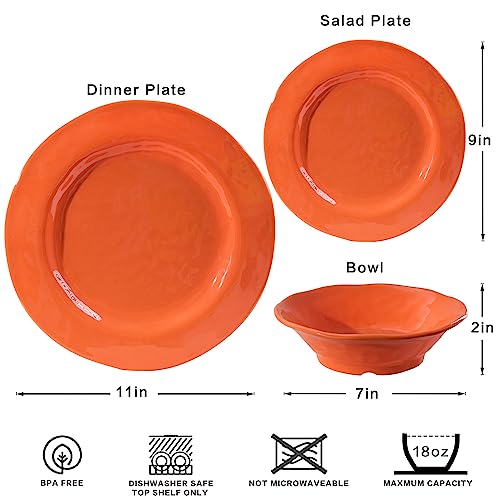 LEHAHA Orange Melamine Dinnerware Set, 12 Piece Kitchen Tableware Plates Bowls Dishes Set, Lightweight Unbreakable Dinnerware Set for 4, Dishwasher Safe and BPA free - color: Orange