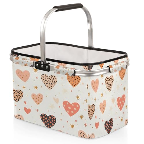 Sweet Love Heart Picnic Basket Large Collapsible Market Baskets Portable Reuasble Shopping Bags with Handles for Camping Beach Travel - color: Red