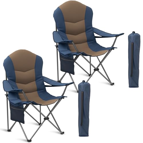 2 Pack Folding Camping Chairs for Adults - High Back Padded Outdoor Lawn Chairs with Lumbar Support & Cup Holder, 400lbs Heavy Duty Portable Camping Chairs Set (Light Blue & Brown, 2 PCS) - color: Light Blue & Brown, size: 2 Pcs
