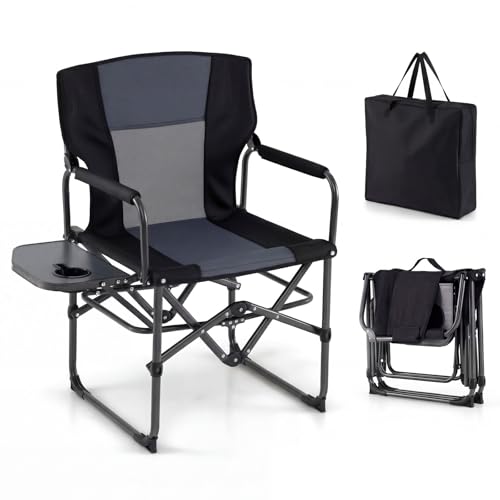 GYMAX Oversized Camping Directors Chair, Portable Folding Camping Chairs for Adults with Table, Heavy-Duty Lawn Chair for Fishing, Picnic, Sports, Beach, Outdoor, Supports 500LBS (Grey) - color: Grey