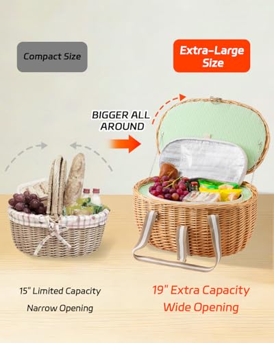 Picnic Basket Insulated with Lid, Extra Large Wicker Picnic Basket with Waterproof Insulated, Handwoven Portable Vintage Picnic Hamper 8.4 Gal(31.7L), Camping Outdoor Gifts Date, Natural - size: Oval With Insulated Lining