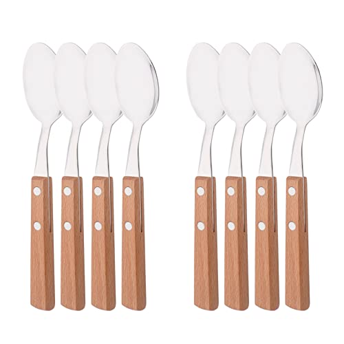 Natural Wood Dinner Spoons Set, 7.9" Stainless Steel Table Spoons with Wooden Handle, Rivet Handle Design, Set of 8 - size: 8-Piece Dinner Spoon