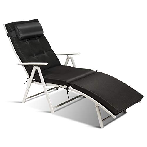 Tangkula Outdoor Folding Chaise Lounge Chair, Lightweight Recliner Chair w/ 7 Adjustable Backrest Positions, Patio Reclining Beach w/Removable Cushion & Pillow for Patio Poolside No Assembly Required - color: Balck