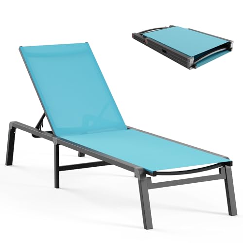 Aluminum Chaise Lounge Ourdoor - Foldable & Assemble Free Outdoor Lounge Chair with 5 Adjustable Backrest, Patio Lounge Chair for Outside Poolside Beach Pool, Lake Blue - color: Lake Blue, size: 1 Pack