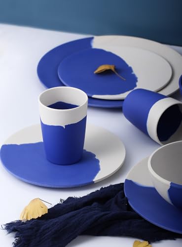 MORGIANA Bamboo Dinnerware Set, 8-Pieces Reusable Tableware Set, Eco-Friendly Plates, Cups, Bowls for Camping Picnic Outdoor Party (blue & white) - color: Blue & White