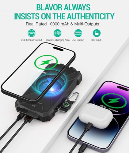 BLAVOR Solar Power Bank 10,000mAh, Portable Wireless Charger, 20W Fast Charging External Battery Pack with USB C for Cell Phones, Solar Panel Charging with Dual Flashlight for Camping - color: Black