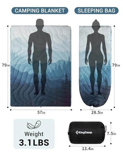 KingCamp Large Camping Blanket with Sherpa Lining, Packable Down Alternative Puffy Printed Wearable Blanket with Snap Buttons, Warm Weatherproof Quilt for Outdoor Travel (79" L x 57" W, Cyan) - color: Sherpa-cyan, size: 79" x 57"- Sherpa Fleece