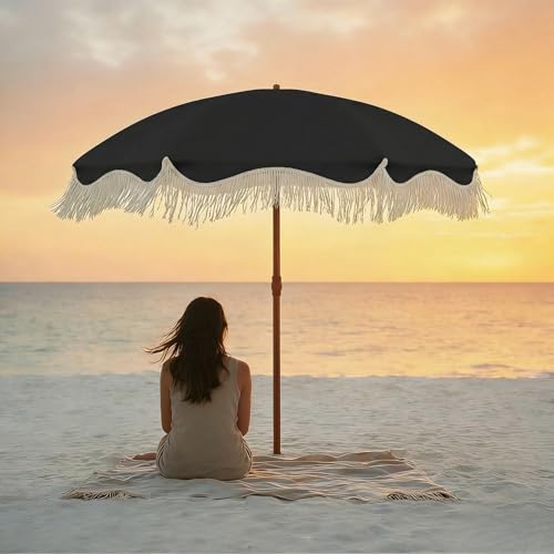 7ft Patio Umbrella with Fringe, Boho Beach Umbrellas, Outdoor Tassels Umbrellas with Push Button Tilt & Carrying Bag, 8 Windproof Fiberglass Ribs, UPF50+ - color: Black