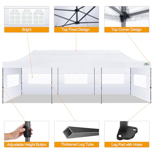 COBIZI 10x30 Pop up Canopy Tent 10x30 Canopy with 8 Sidewalls Waterproof Heavy Duty Commercial Canopy Tent for Parties Outdoor Garden Gazebo, Carry Bag with Wheel(10x30ft, White) - color: White, size: 10X30FT 8 Sidewalls