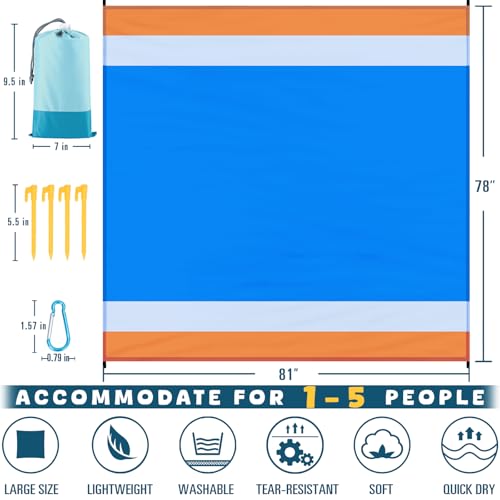 Beach Blanket Waterproof Sandproof 78''×81'' Large Suits 1-5 Adults Oversized Lightweight Picnic Mat Beach Blanket Water Resistant for Camping Hiking Travel Picnic - color: Orange Blue, size: 78''x81''