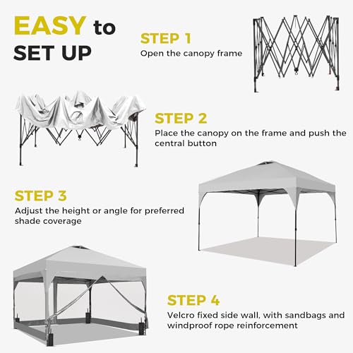 GDY 12x12FT Pop Up Canopy Tent with One Push Setup, Easy Setup Gazebo with 4 PVC Transparent Sidewalls,Includes Wheeled Bag. for Events, Parties, Camping, White. - color: White, size: 12x12 With 4 Pvc Sidewalls(one Push Setup）