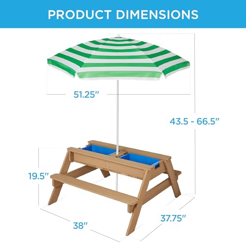 Best Choice Products Kids 3-in-1 Sand & Water Table, Wood Outdoor Convertible Picnic Table w/Umbrella, 2 Trays, Removable Top - Green - color: Green