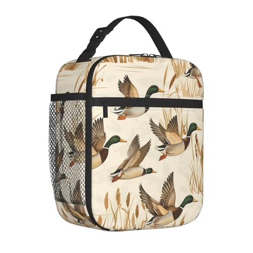 Reusable Flying Duck Lunch Box for Kids Girls Boys Women Adult, Insulated Golden Reed Lunch Bag,Polyester Cooler Cute Handbags Case for School Picnic Work Travel Beach or Hiking - color: Duck 03