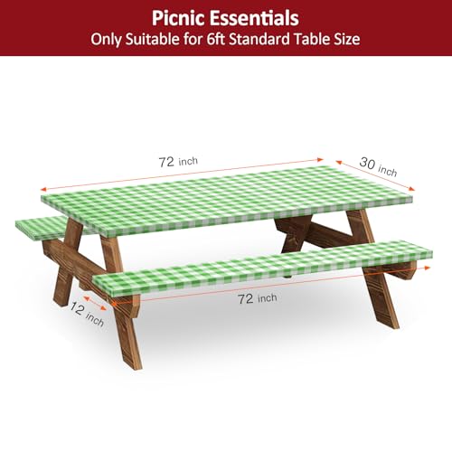 6ft Picnic Table and Bench Cover, Camping Essentials RV Gear, 72in Waterproof Windproof Outdoor Elastic All Around Tablecloth, Fitted Rectangle Tables and Seats, Green-White Checkered - color: Green-white Checkered, size: 72"