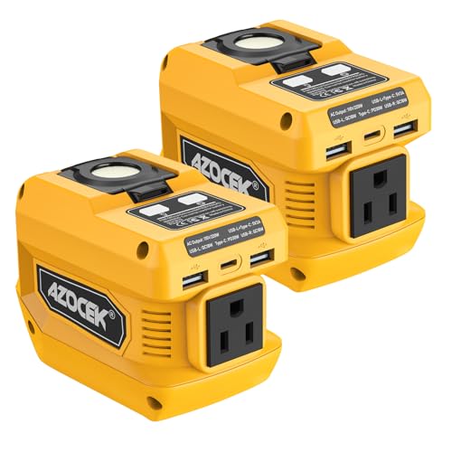 220W Azocek Power Inverter Compatible with Dewalt 20V Battery (Battery not Included), DC 20V to AC 110V, 2 USB Ports & 1 Type-C Fast Charging, 400LM LED Work Light (2-Pack) - color: Yellow, size: 2-PACK