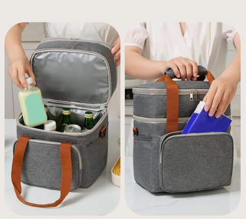 Double Layer Cooler Bag – Leakproof Thermal Food Storage Tote with Shoulder Strap – Large Capacity for Work, Travel, or Picnic – Available in Gray, Black & Navy Blue - color: Grey