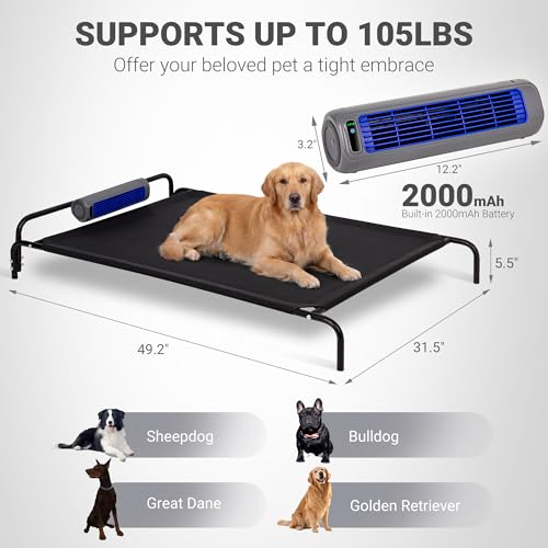Tailwaggz Elevated Outdoor Dog Bed with Fan - Cooling Dog Bed for Large Dogs, Waterproof Cot Easy to Assemble, 3 Wind Speed, Raised Dog Bed with Washable Mesh Cover, Durable, Non Slip, Up to 105 lbs - size: Large
