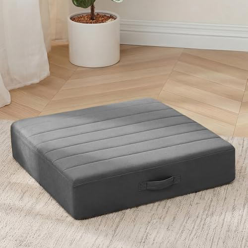 MeMoreCool Floor Pillow 22"x22" – Tufted Meditation Cushion with Foam Core, Grey Washable Cover & Handle | 5" Thick Firm Foam | for Adults, Kids, Yoga, Tatami, Pet Seating - color: Dark Grey, size: 22 Inch