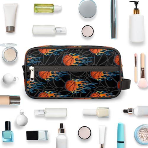 Kids Travel Toiletry Bag - Fire Basketball Waterproof Hanging Cosmetic Hygiene Bags for Boys Men - Large Shave Kit for Toiletries Accessories Bathroom Stuff - color: Fire Basketball