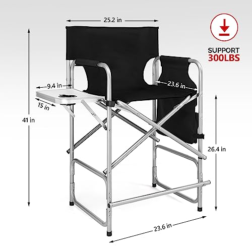 mefeir 26" Tall Folding Directors Chair with Side Table,Portable Makeup Artist Bar Height, Steel Frame 300 lbs Capacity, 19.2" D x 23.6" W x 40.5" H,Black - color: Black, size: 26in