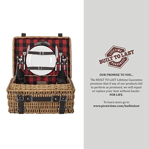 Picnic TIME Champion Picnic Basket for 2, Large Wicker Hamper Set with Cutlery Service Kit (Red & Black Buffalo Plaid Pattern) - color: Red & Black Buffalo Plaid Pattern