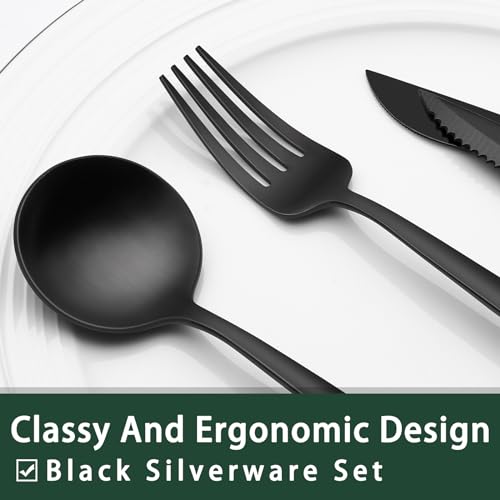 EWFEN 24-Piece Black Silverware Set with Steak Knives, Black Flatware Set for 4, Food-Grade Stainless Steel Tableware Cutlery Set, Mirror Finished Utensil Sets for Home Restaurant, Long Edge - style: Long Edge