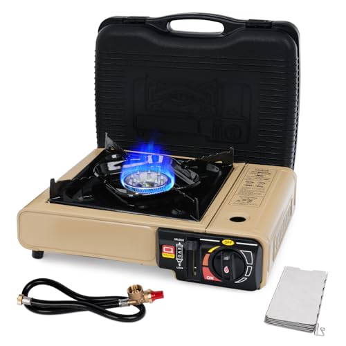 SHINESTAR Dual Fuel Camping Stove with Butane & Propane Compatibility, Portable Stove for Outdoor Cooking, Propane Adapter Hose, Wind Guard and Carrying Case Included (Fuel Not Included) - color: Khaki - 7800 BTU Dual Fuel with Windscreen