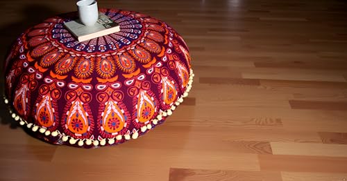 CRAFT KALA 32 Inch Meditation Floor Pillows Cover Round Pillow Cover Seating Hippie Decorative Bohemian Mandala Floor Cushion Cover Outdoor Yoga Living Room Throw Ottoman Poufs Cover (Maroon Mirchi) - color: Maroon Mirchi